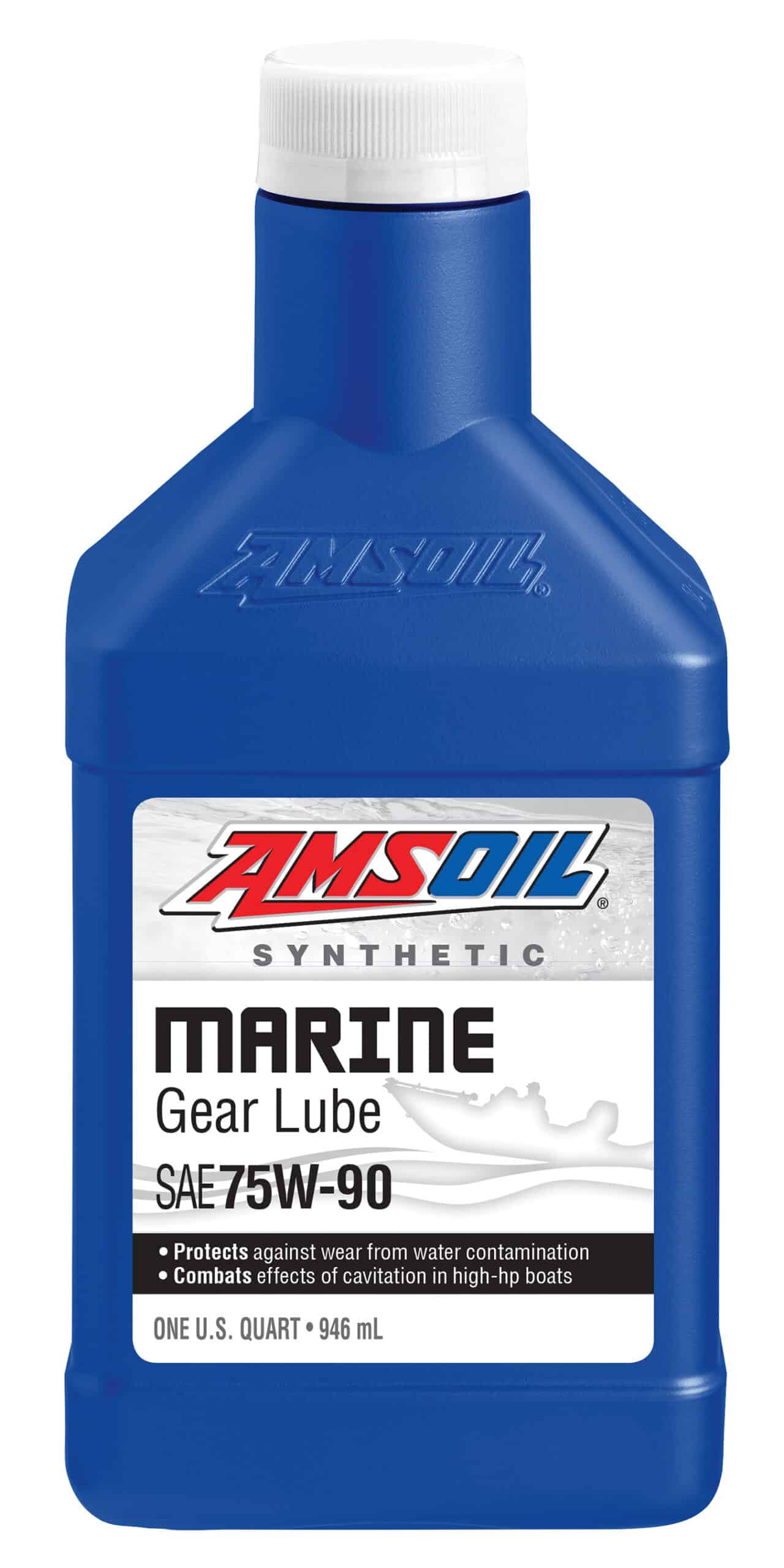 A bottle of AMSOIL Synthetic Marine Gear Lube - an exclusive formulation that addresses the specific concerns of marine applications.