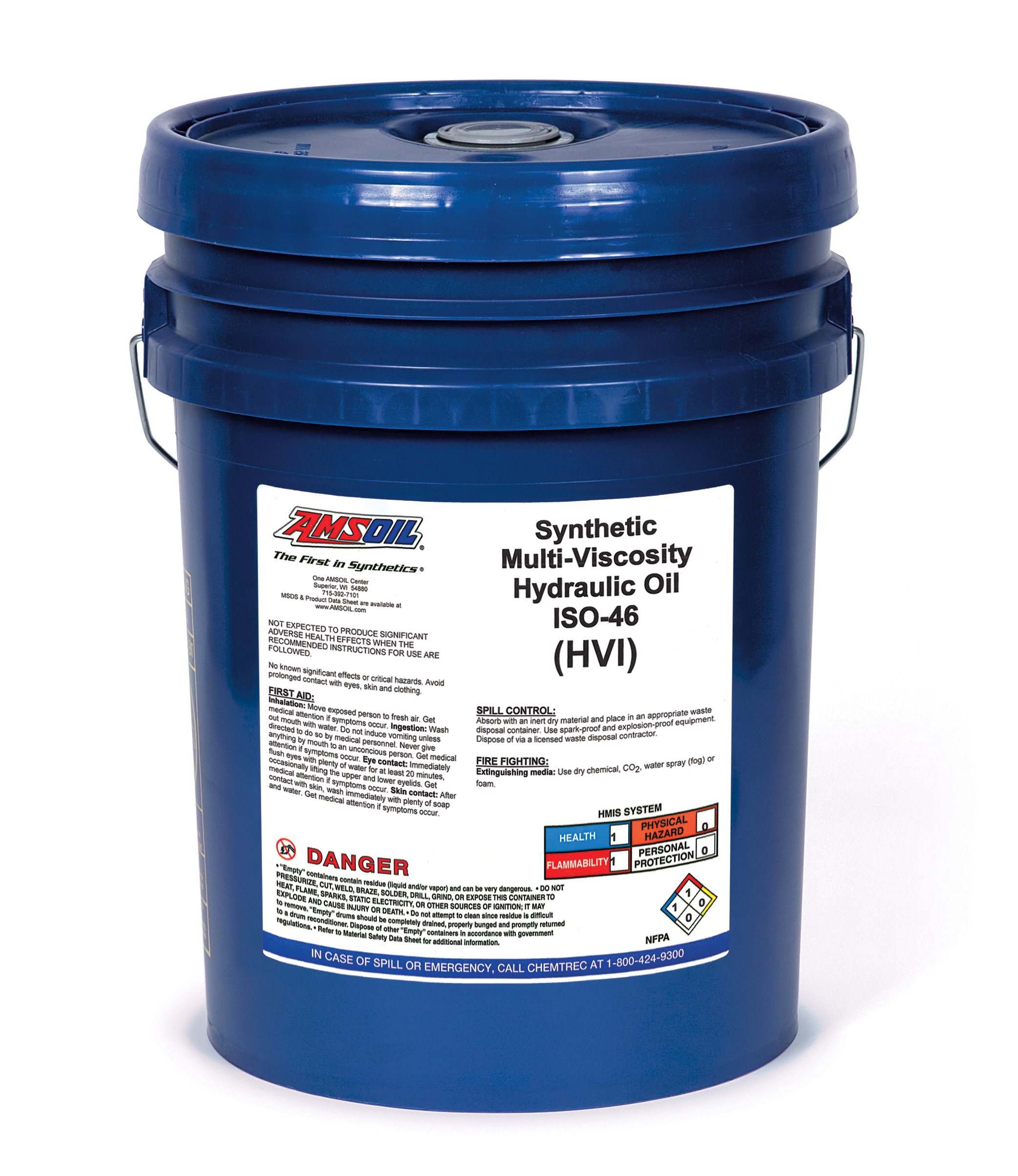 A pail of AMSOIL Synthetic Multi-Viscosity Hydraulic Oil, which is formulated with varnish-control technology to keep hydraulic systems cleaner for long life, reliable operation.