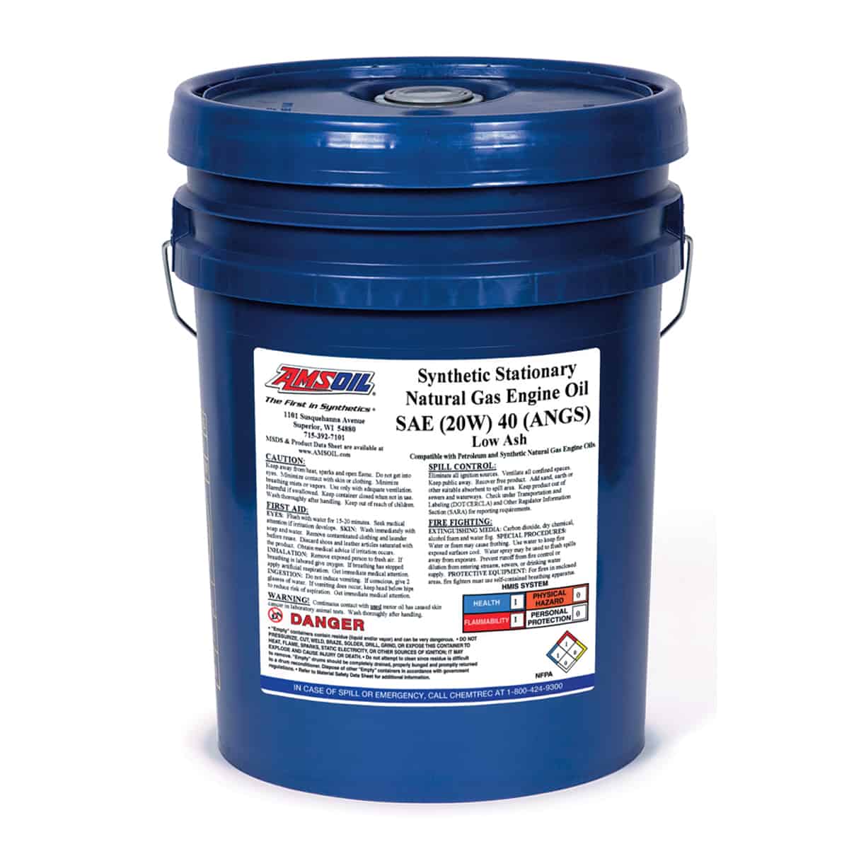 A pail of AMSOIL Stationary Natural Gas Engine Oil, formulated to deliver superior protection in stationary natural gas engines calling for an SAE 40, low-ash lubricant.