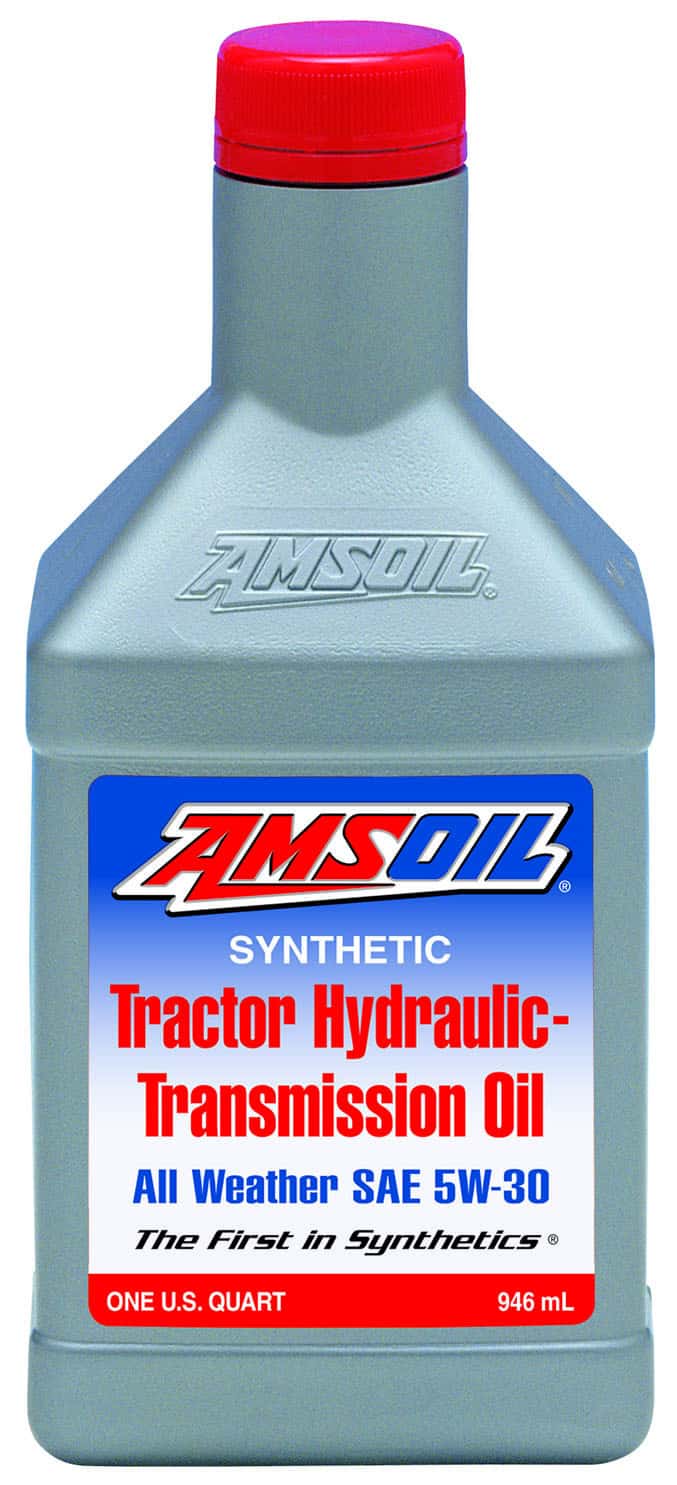 A bottle of AMSOIL Synthetic Tractor Hydraulic-Transmission Oil - effectively reduces wear, resists heat, protects against rust, extends equipment service life.