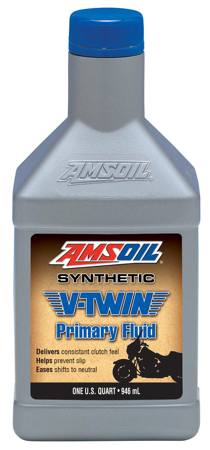 A bottle of AMSOIL Synthetic V-Twin Primary Fluid, which is purpose-built for bikers who prefer a dedicated primary chaincase lubricant.