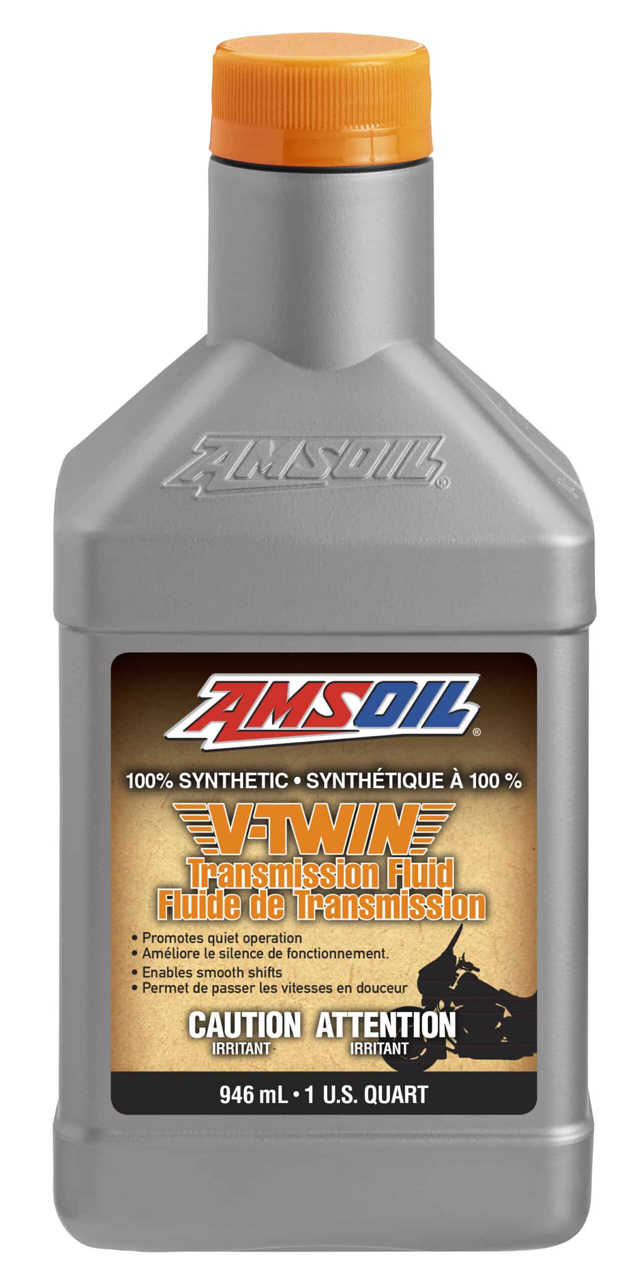 A bottle of AMSOIL Synthetic V-Twin Transmission Fluid, specifically designed for bikers who prefer a dedicated transmission fluid over a multi-use lubricant.