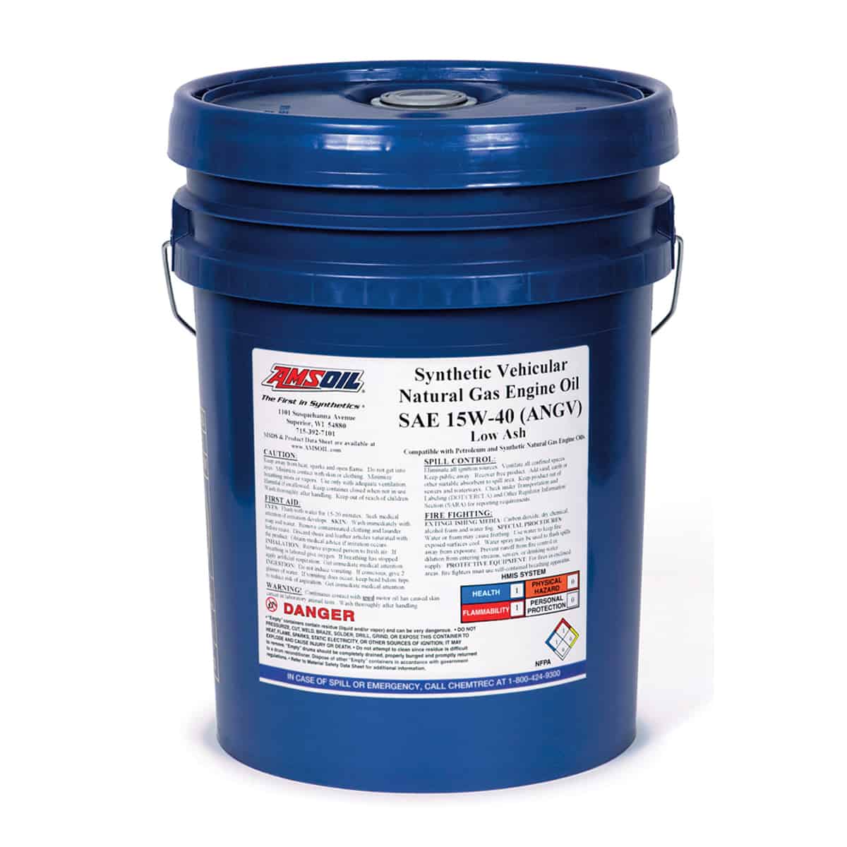 A pail of AMSOIL Vehicular Natural Gas Engine Oil - formulated to meet the requirements of natural-gas-fueled engines used in vehicles & mobile equipment.