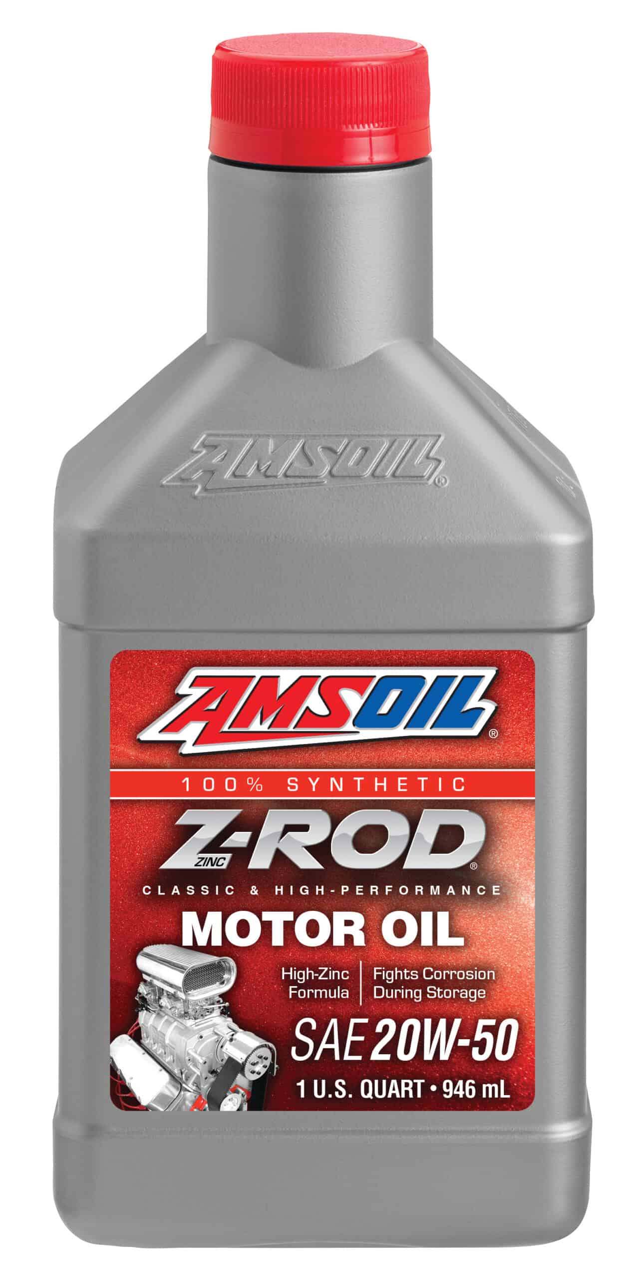 A bottle of AMSOIL Z-ROD® Synthetic Motor Oil, formulated to prevent wear on flat-tappet camshafts and other critical engine components.
