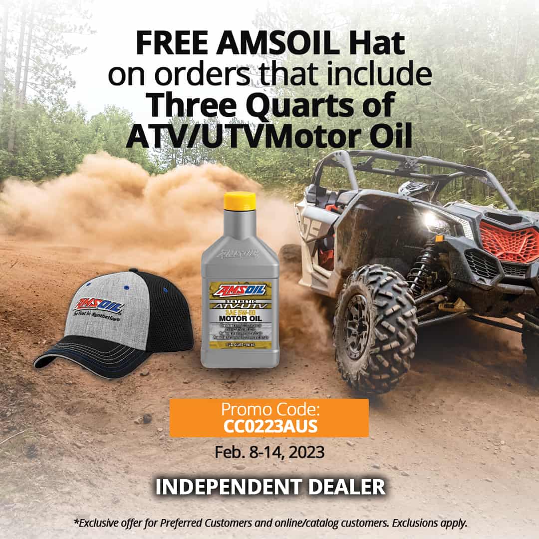 Free AMSOIL-logo hat with order of three 1-quart (946-ml) bottles of AMSOIL Synthetic ATV/UTV Motor Oil (AUV50QT, AUV40QT, AUV54QT, AUV30QT)