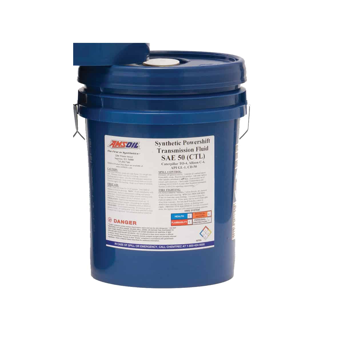 A pail of Synthetic Powershift Transmission Fluid, formulated for high-torque, heavy-duty powershift transmissions, for extended drain intervals.