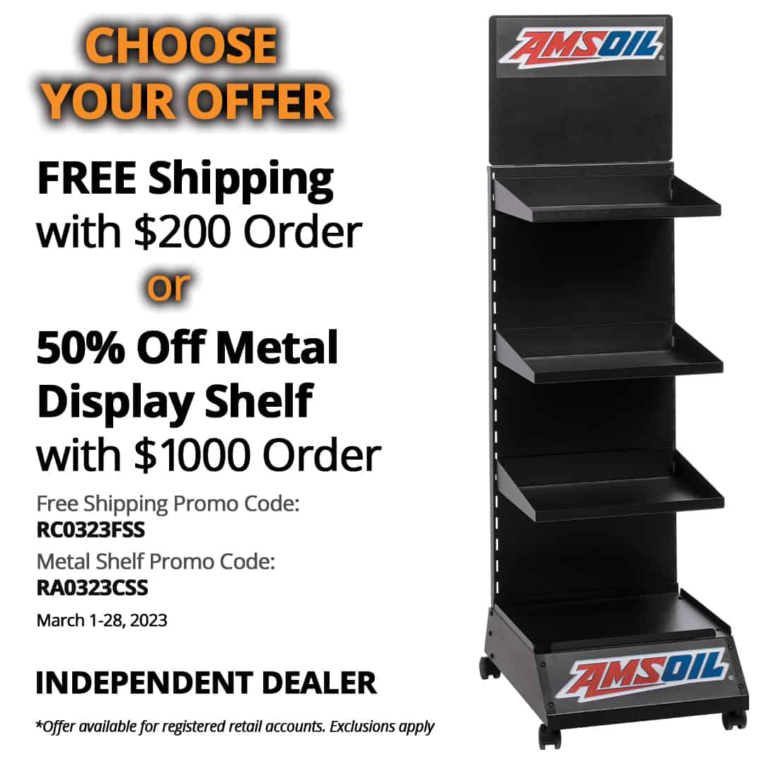 Free shipping on orders of 0 or more, or 50% off an AMSOIL metal display shelf (G3653) on orders of ,000 or more