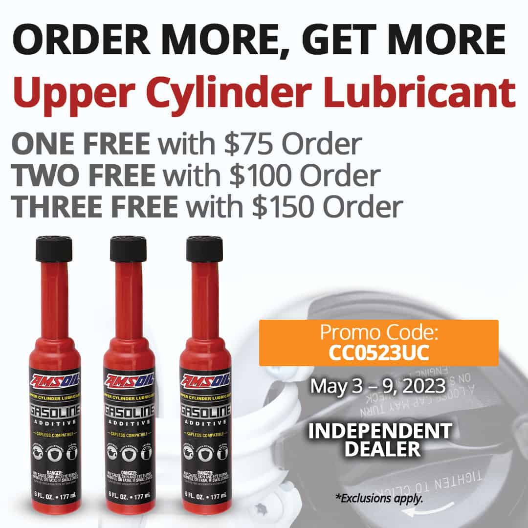 One free 6-oz. (177-ml) bottle of AMSOIL Upper Cylinder Lubricant with $75 order, two free with $100 order or three free with $150 order