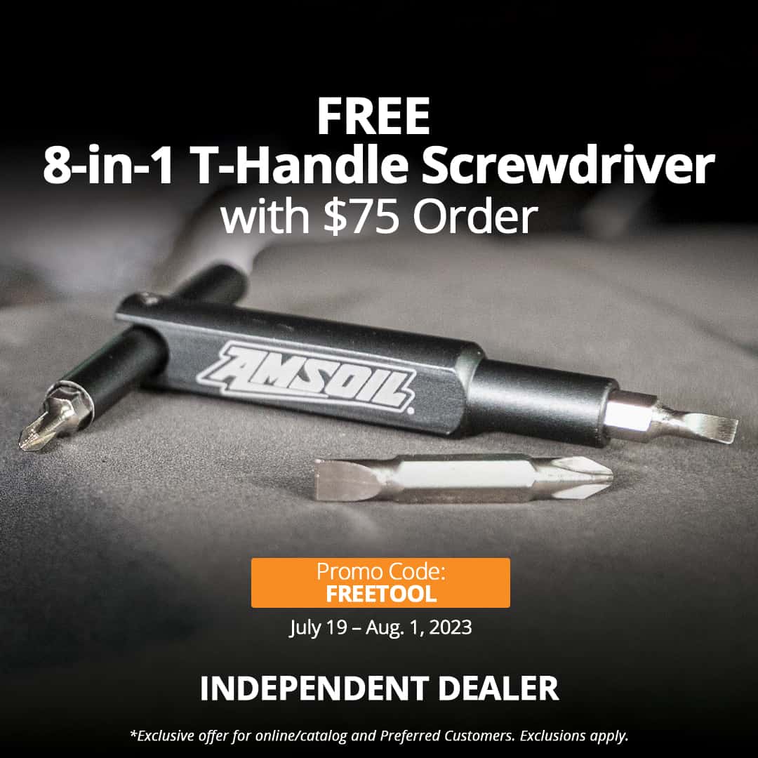 Preferred Customers and online/catalog customers receive a free AMSOIL 8-in-1 T-handle screwdriver with their $75 order when they use promo