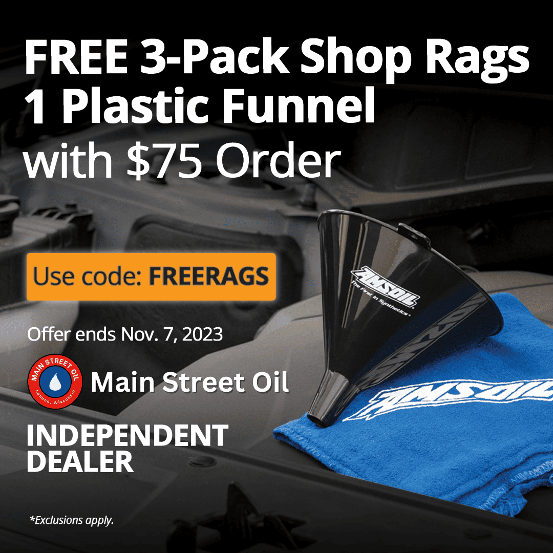 Three free AMSOIL shop rags and one plastic funnel with order of $75 or more