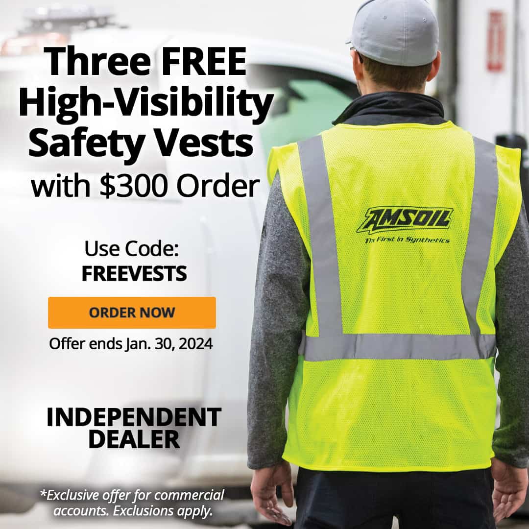Promotion Offer by AMSOIL - Three free AMSOIL high-visibility safety vests with order of $300 or more